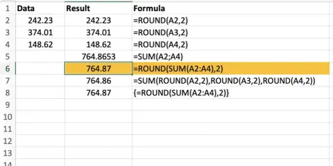 Arkusz kalkulacyjny z danymi i formułami, w tym `math floor js` w postaci `ROUND(SUM(A2:A4),2)`.
