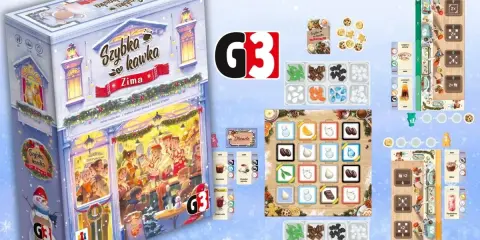 Plansze gry "Szybka kawka: Zima" od G3. Zimowa kawiarnia, składniki i gracze w akcji.