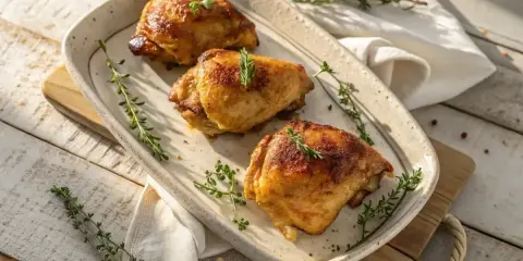 Trois morceaux de poulet au four dorés et juteux, garnis de thym frais sur un plat en céramique.