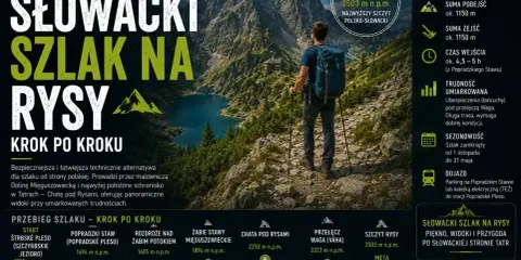 Turysta z plecakiem i kijkami idzie kamienistym szlakiem w Tatrach Słowackich. W tle jezioro i góry, w tym Rysy. Opis szlaku, trudności i dojazdu. Ubezpieczenia (łańcuchy) pod przełęczą Waga.