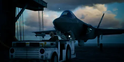 Na lotniskowcu F-35 Lightning II czeka na start. W tle chmury i morze. To scena z gry, która może być częścią ace combat 7 poradnik.