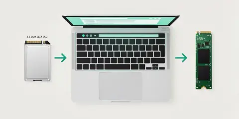 Comparaison de la taille SSD : un disque SATA 2,5 pouces à gauche, un SSD M.2 NVMe à droite, avec un ordinateur portable au centre.