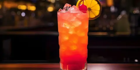Kolorowy drink z lodem, ozdobiony plasterkiem pomarańczy i wisienką. Idealny przykład drinków z shakera, gotowy do podania.