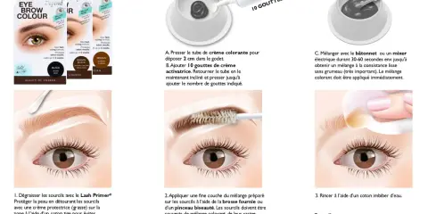 Teinture sourcils : le mélange prêt, application et rinçage pour une durée optimale.