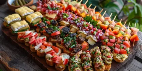 Un plateau garni de bruschettas variées et de brochettes colorées, parfait pour un apéro pas cher pour 20 personnes.