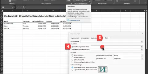 Excel: Erste Zeile auf jeder Seite drucken. Klicke auf "Seitenlayout", dann "Drucktitel", um die Wiederholungszeilen oben festzulegen.