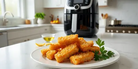 Palitos crujientes de bacalao airfryer en un plato blanco, junto a un bol con aceite y limón.