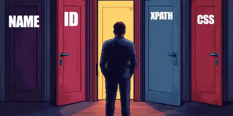 Mężczyzna stoi przed drzwiami: NAME, ID, CSS i **xpath**. Którą ścieżkę wybierze?