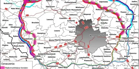 Mapa pokazuje proponowane korytarze dróg ekspresowych wokół Warszawy, z zaznaczonymi utrudnieniami na dk 50.