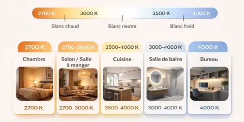 Guide des températures de couleur pour chaque pièce : chambre (blanc chaud), salon (blanc neutre), cuisine et salle de bains (blanc neutre à froid), bureau (blanc froid).