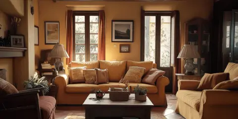 Acogedor salón con sofás y sillones en tonos cálidos, chimenea, lámparas y ventanas que evocan un **estilo toscano** rústico y confortable.