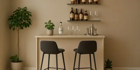 Elegante angolo bar con bottiglie di liquori, bicchieri, shaker e due sgabelli.
