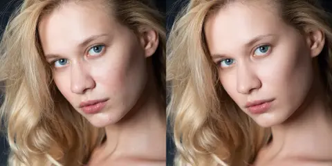 Dwie wersje portretu blondynki: jedna w jakości full HD, druga w 4K. Widać subtelne różnice w detalach skóry i włosów.
