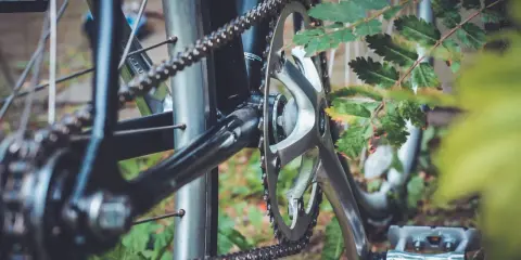 Zbliżenie na rowerowy mechanizm korbowy i łańcuch. Jak zmierzyć linię łańcucha? Widoczne zębatki, pedał i liście.