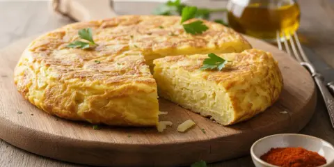 Una fetta di frittata di patate dorata e soffice, guarnita con prezzemolo, su un tagliere di legno.