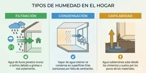 Ilustración muestra tres tipos de humedad en el hogar: filtración de lluvia, condensación interior y capilaridad. Aprende cómo quitar humedad de la pared.
