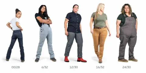 Five women in workwear, showcasing different sizes and styles. One wears size 33 in US jeans.