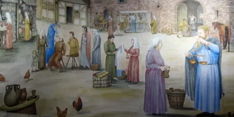 Auf einer Burg lebten Menschen verschiedenster Berufe: Händler, Schmiede und Bauern. Hier ein lebhaftes Markttreiben.