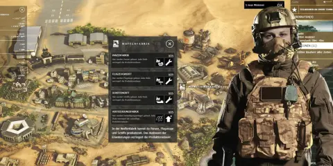 Gracz zarządza bazą wojskową w grze strategicznej, przygotowując się do **desert operations**. Widok obejmuje mapę z budynkami i jednostkami oraz interfejs zarządzania produkcją.