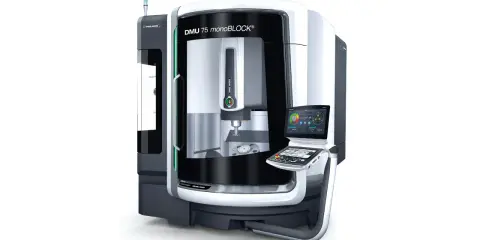 Macchina utensile DMG MORI DMU 75 monoBLOCK, con un pannello di controllo digitale e un mandrino pronto per la lavorazione di precisione.