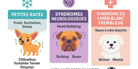 Un petit chien qui tremble, peut-être un Chihuahua, est montré à côté d'informations sur les petites races et le syndrome du chien blanc trembleur.
