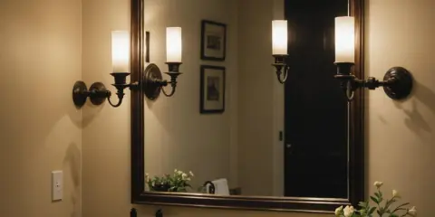 Elegancki montaż kinkietu w łazience, odbijający się w lustrze.