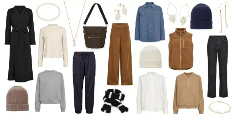 En damkapselgarderob med kläder i neutrala färger: svart klänning, beige polotröja, grå sweatshirt, bruna manchesterbyxor, randiga byxor, jeans, jeansskjorta, vit skjorta, brun fleeceväst, beige bomberjacka, mössor, halsduk, väska och smycken.