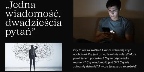 Nadmierne analizowanie, czyli overthinking co to. Młody mężczyzna zmartwiony patrzy na telefon, a kobieta zdezorientowana przed labiryntem myśli.