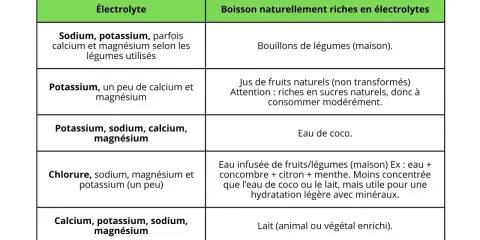 Tableau comparant les électrolytes dans diverses boissons naturelles, comme l'eau de coco ou les bouillons, pour une hydratation optimale.