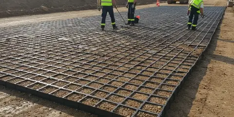 Trabajadores instalan una geomalla de refuerzo sobre grava para estabilizar el terreno en una obra.