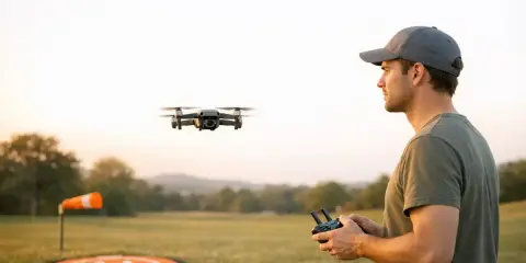 Mann steuert eine Drohne, die über ein Feld in den USA fliegt. Ein Landeplatz und eine Windfahne sind sichtbar.