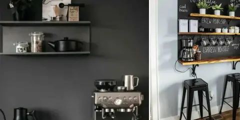Aménager un petit coin café avec une machine expresso, des tasses suspendues et une étagère décorée de citations inspirantes.