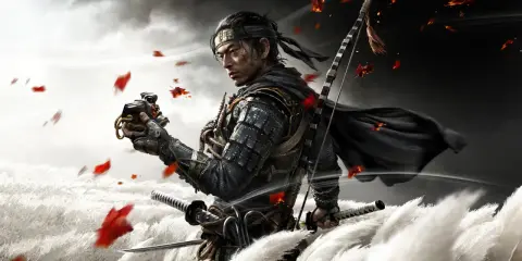 Samuraj z gry Ghost of Tsushima trzyma maskę, otoczony przez spadające liście i wysokie trawy.