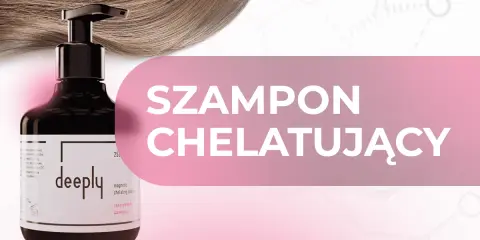 Butelka szamponu chelatującego "deeply" na tle falujących włosów. Dowiedz się, szampon chelatujący co to jest i jak działa.