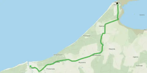 Mapa szlaku zwiniętych torów od Ustki przez Półwysep Helski do Rowów, wzdłuż wybrzeża Bałtyku i jeziora Gardno.