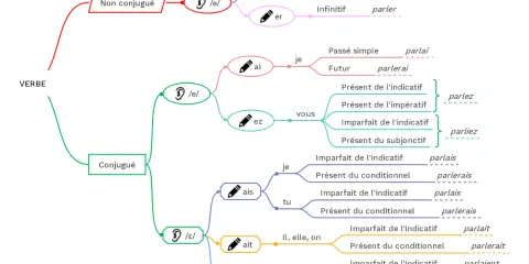 Schéma illustrant la conjugaison des verbes, montrant comment égayer la grammaire française avec les terminaisons.