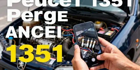 Ręce trzymają telefon, którym fotografują świece zapłonowe w silniku Peugeota. Na ekranie telefonu widoczny jest kod błędu DTC P1351.