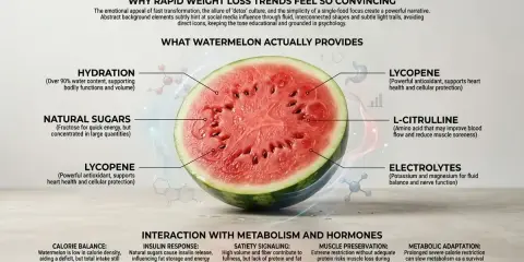 Czy arbuz tuczy? Grafika wyjaśnia, co arbuz dostarcza: nawodnienie, cukry, likopen, L-cytrulinę i elektrolity. Podkreśla bilans kalorii i interakcję z metabolizmem.