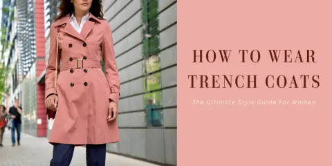 Modello elegante mostra come indossare il trench donna con stile, abbinato a pantaloni blu e camicia bianca.