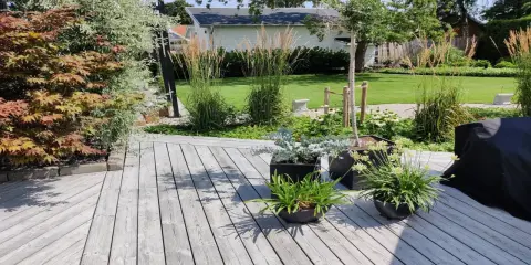Gråträt altan med krukor och grönskande trädgård. Kiselbehandling altan ger träet en fin patina.