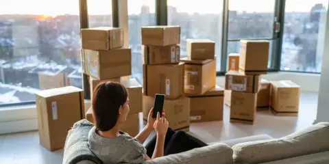 Une femme sur un canapé regarde son téléphone, entourée de cartons. Elle prépare son déménagement à Lyon.