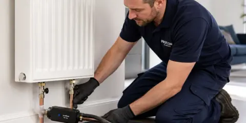 Instalator wykonuje wymianę grzejnika w bloku bez spuszczania wody, używając specjalistycznego sprzętu.