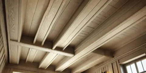 Plafond avec poutres peintes couleur lin, créant une ambiance chaleureuse et rustique.
