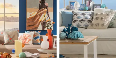 Un salotto con un quadro di una donna in spiaggia, cuscini a tema marino e decorazioni in corallo. Uno stile mediterraneo contemporaneo che evoca la brezza marina.