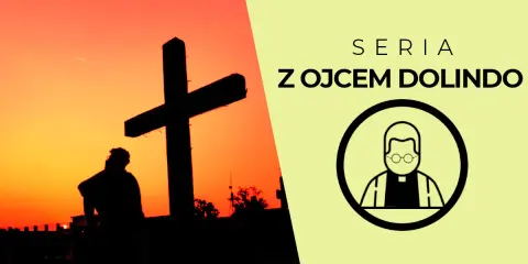 Zachód słońca za krzyżem, obok symbol księdza. Seria z Ojcem Dolindo.