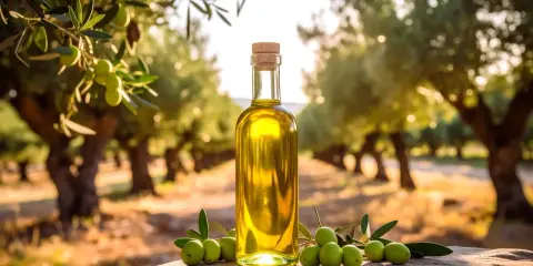 Aceite de oliva virgen extra en una botella, rodeado de aceitunas frescas y un olivar al atardecer. Pregúntate: ¿cuánto aceite da un olivo?
