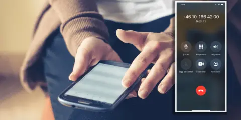 Person håller en mobiltelefon med en aktiv telefonsamtalsskärm. Skärmen visar nummer och alternativ för att hantera samtalet, som hur ringer man dolt.