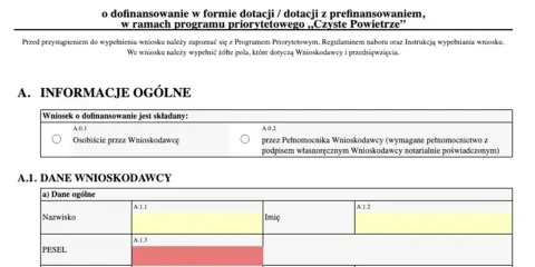 Wniosek o dofinansowanie „Czyste Powietrze” zawiera pola na dane wnioskodawcy, takie jak nazwisko, PESEL i dane kontaktowe. Wzór wniosku o wczasy pod gruszą nie jest widoczny.