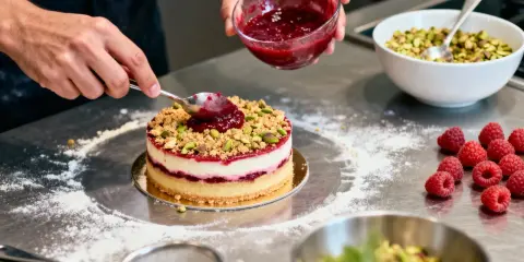 Un chef ajoute une touche finale à un gâteau, déposant une compotée pour créer un insert croustillant framboise.