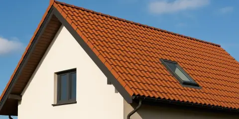 Nowy bungalow z pomarańczowym dachem i oknem dachowym, gotowy na słoneczne dni.